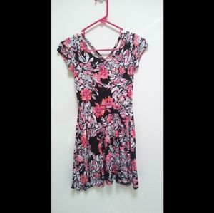 Pink/White/Black Floral Strappy Back Skater Dress